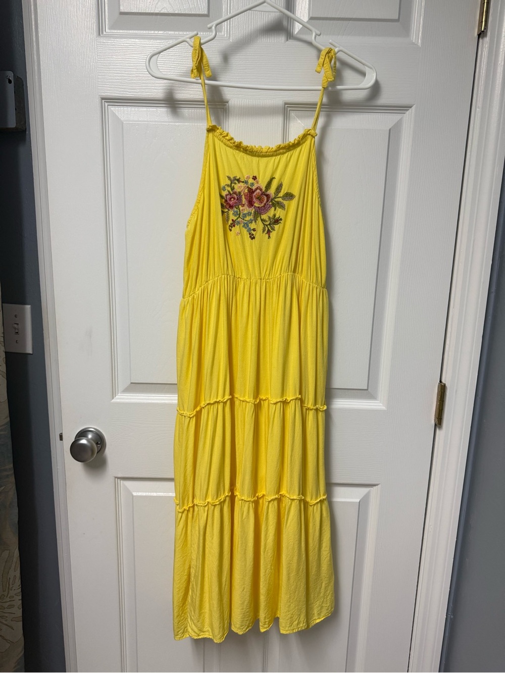 feathers Yellow Floral Embroidered Tiered Maxi Dress with Tie Straps